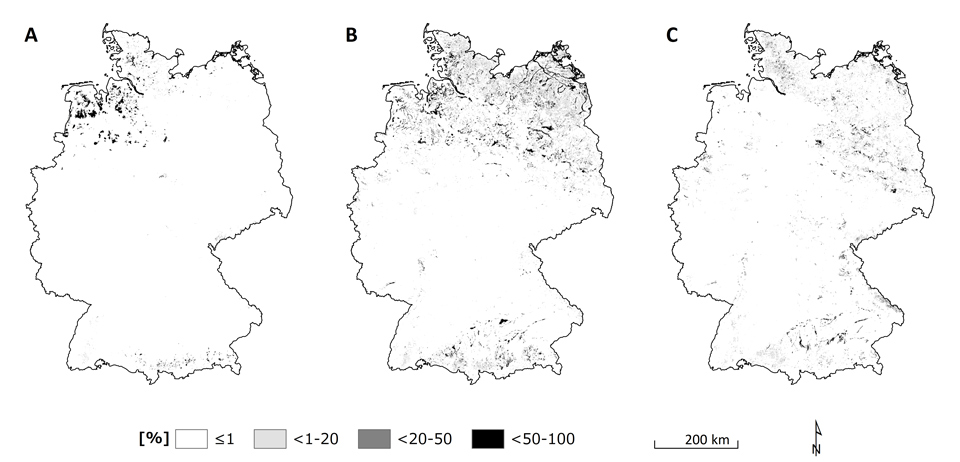 Abb.: Flächenanteil (%) von Moor- und anderen organischen Böden in Deutschland (A = Hochmoore, B = Niedermoore, C = andere organ. Böden) (nach Roßkopf et al. 2015) [9]